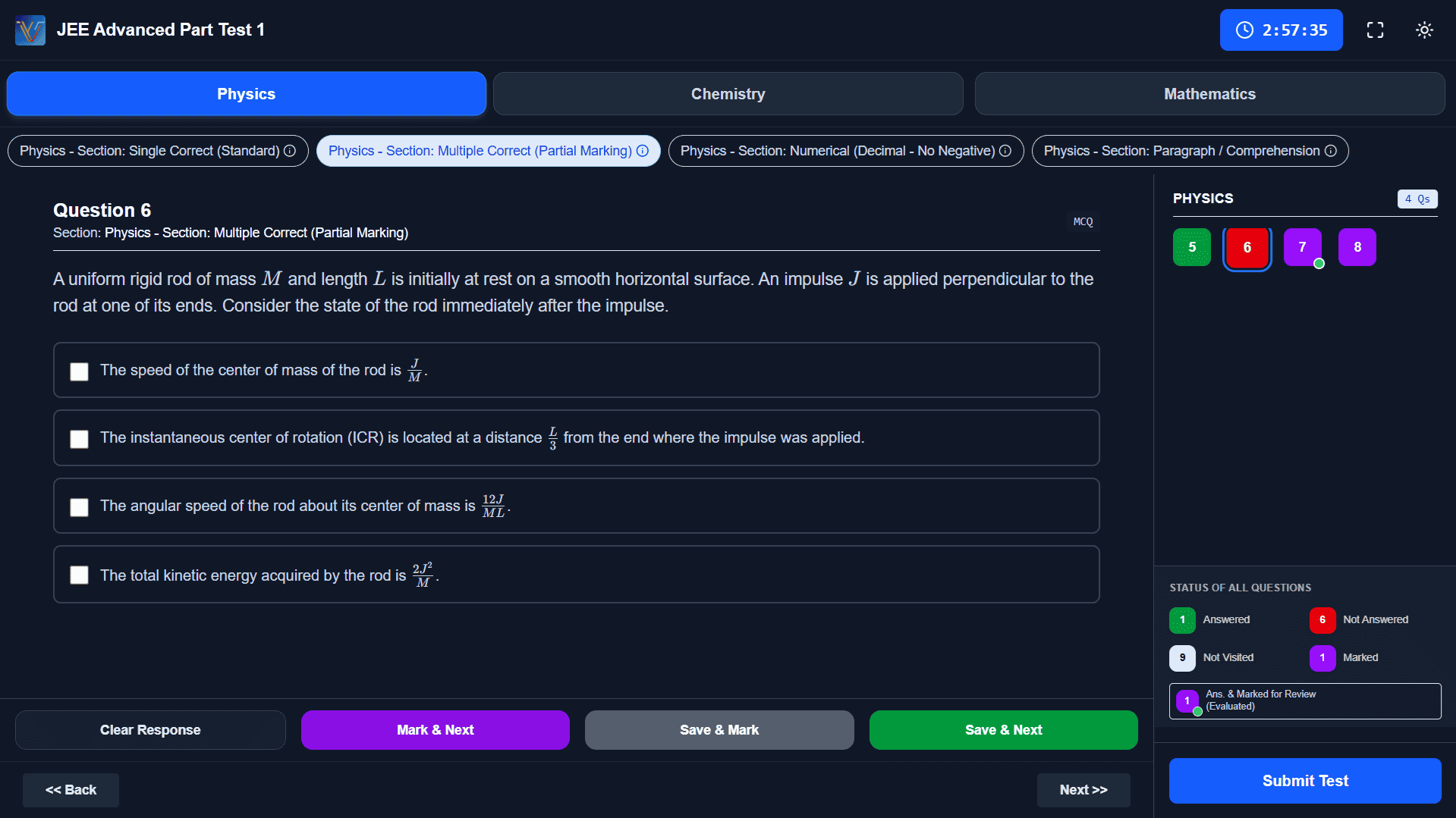 Vidyaaytan Test Interface - JEE Advanced Mode
